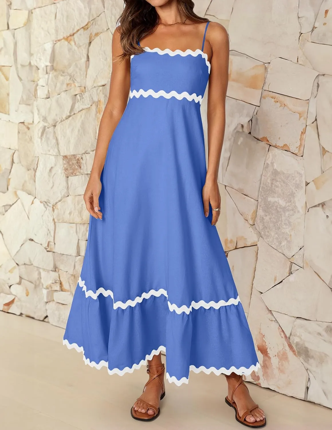 ZESICA Women's 2025 Summer Spaghetti Straps Sleeveless Backless Sundress Flowy Smocked Lace Swing A Line Midi Dress