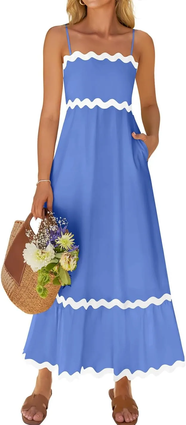 ZESICA Women's 2025 Summer Spaghetti Straps Sleeveless Backless Sundress Flowy Smocked Lace Swing A Line Midi Dress