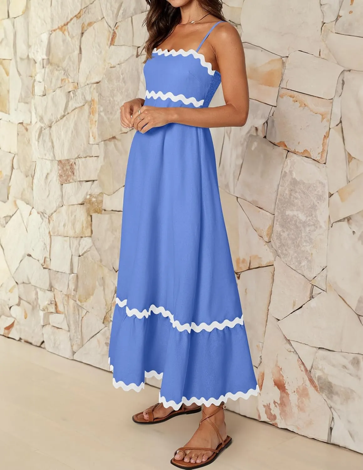 ZESICA Women's 2025 Summer Spaghetti Straps Sleeveless Backless Sundress Flowy Smocked Lace Swing A Line Midi Dress
