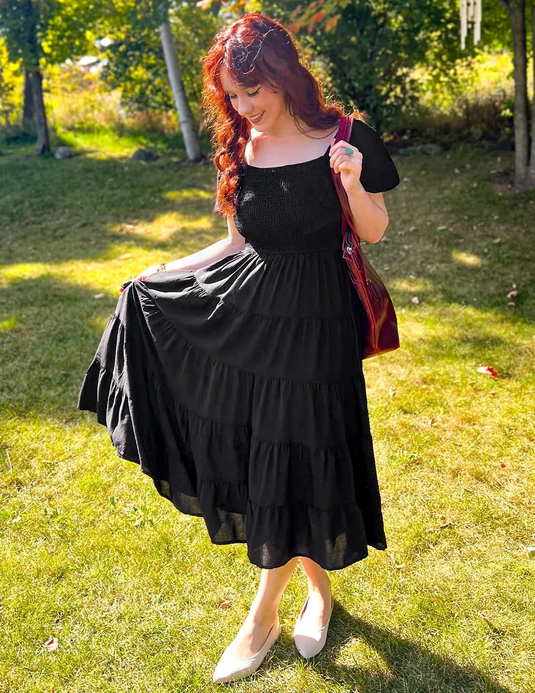 ZESICA Women's 2025 Summer Square Neck Short Puff Sleeve Solid Color High Waist Casual Smocked Flowy A Line Tiered Midi Dress