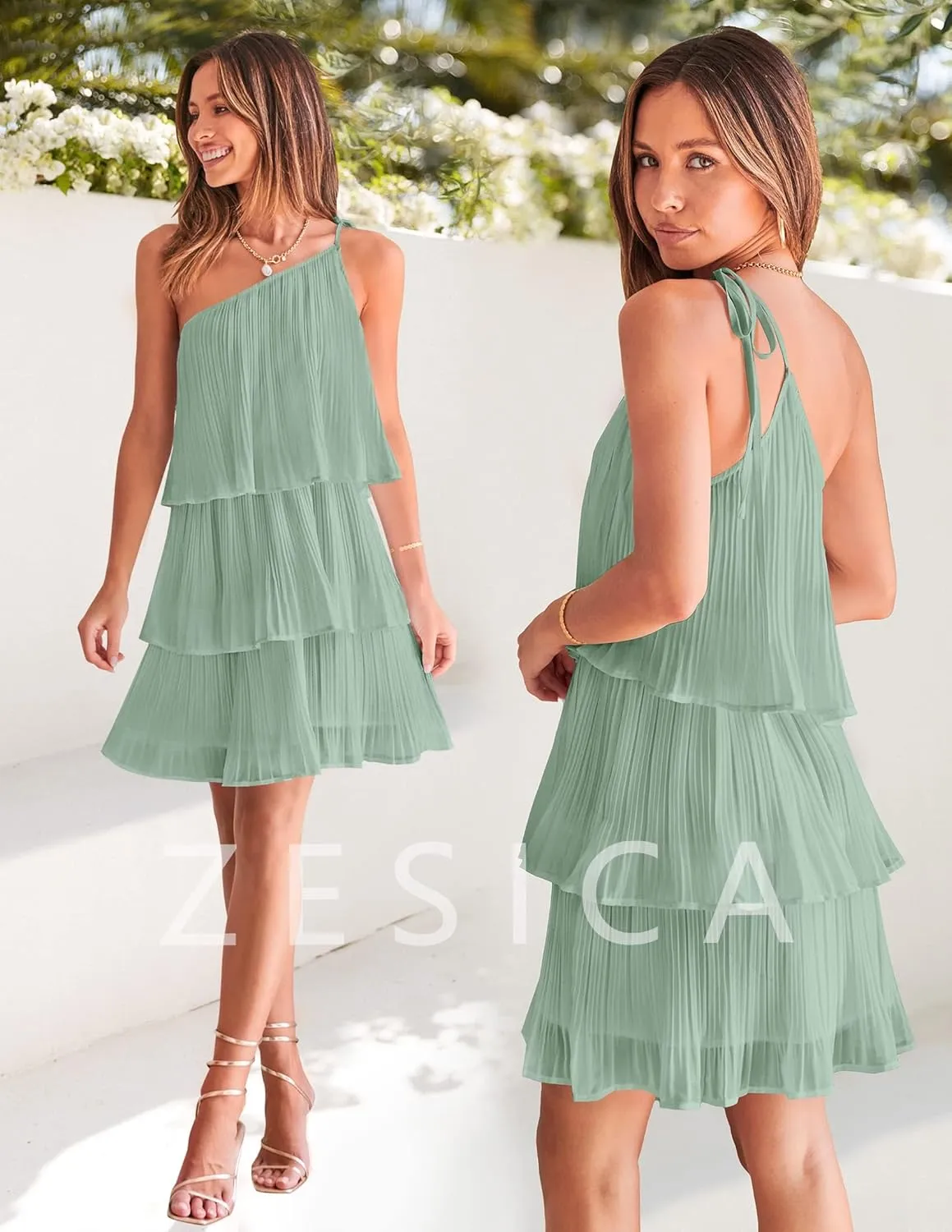 ZESICA Women's Boho Summer One Shoulder Sleeveless Ruffle Tiered Layered Chiffon Pleated A Line Flowy Mini Dress