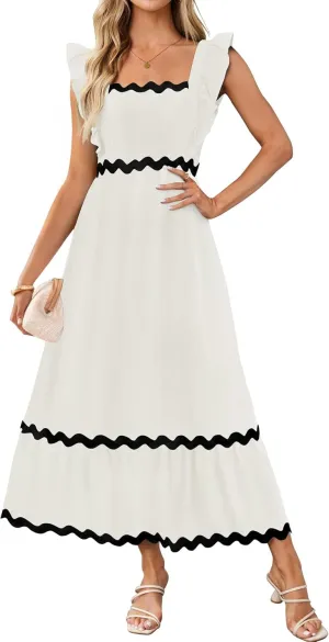ZESICA Women's Summer Sleeveless Ruffle Dresses Square Neck Backless Boho Flowy Maxi Sundress with Pockets