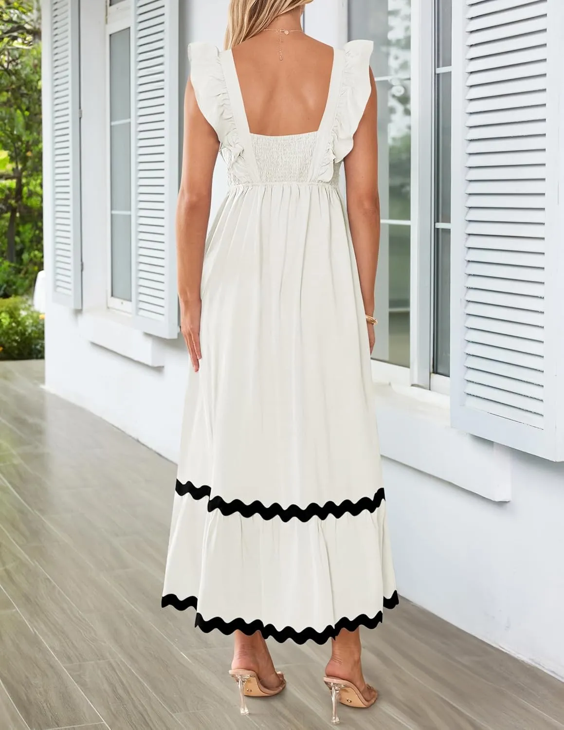 ZESICA Women's Summer Sleeveless Ruffle Dresses Square Neck Backless Boho Flowy Maxi Sundress with Pockets