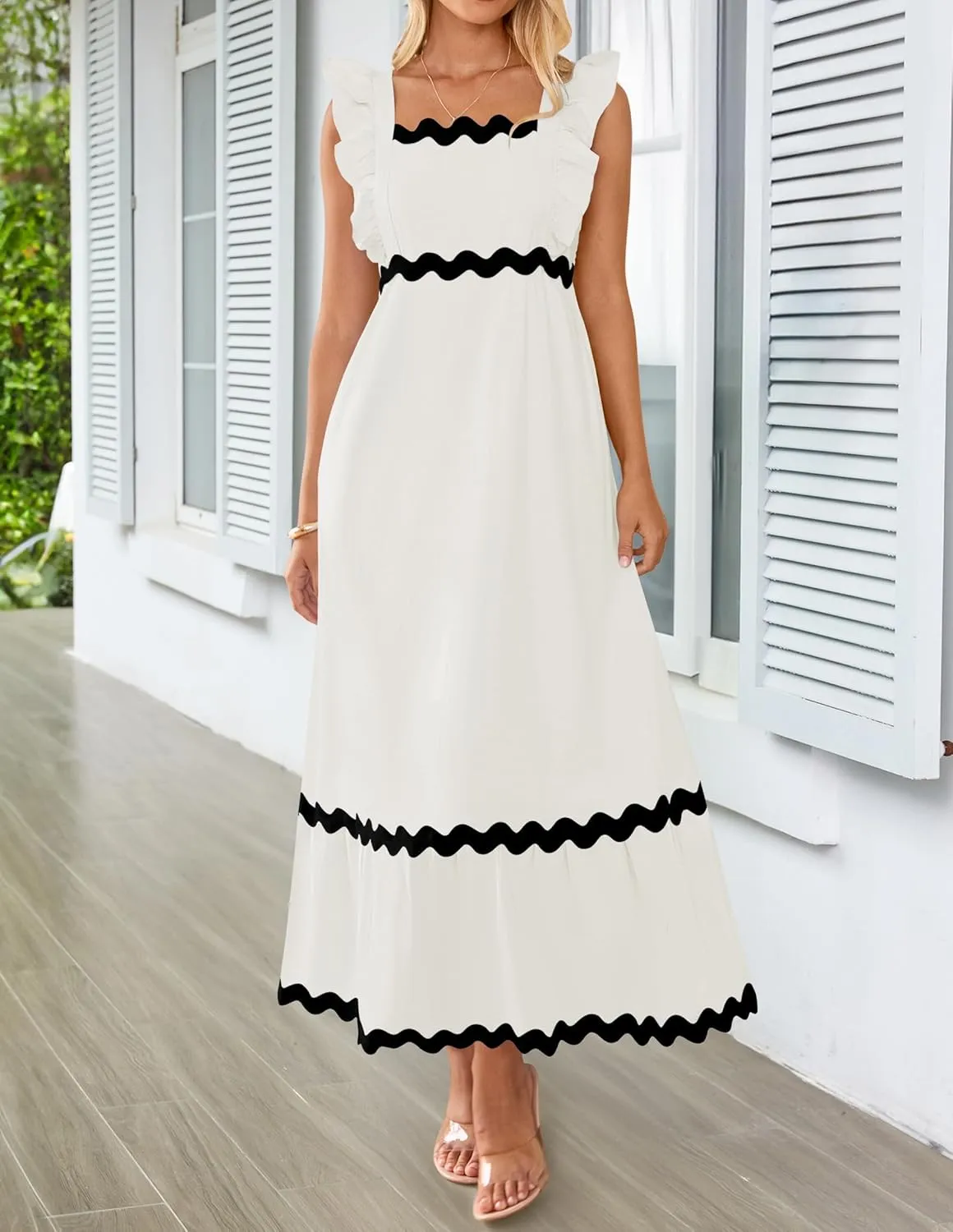 ZESICA Women's Summer Sleeveless Ruffle Dresses Square Neck Backless Boho Flowy Maxi Sundress with Pockets