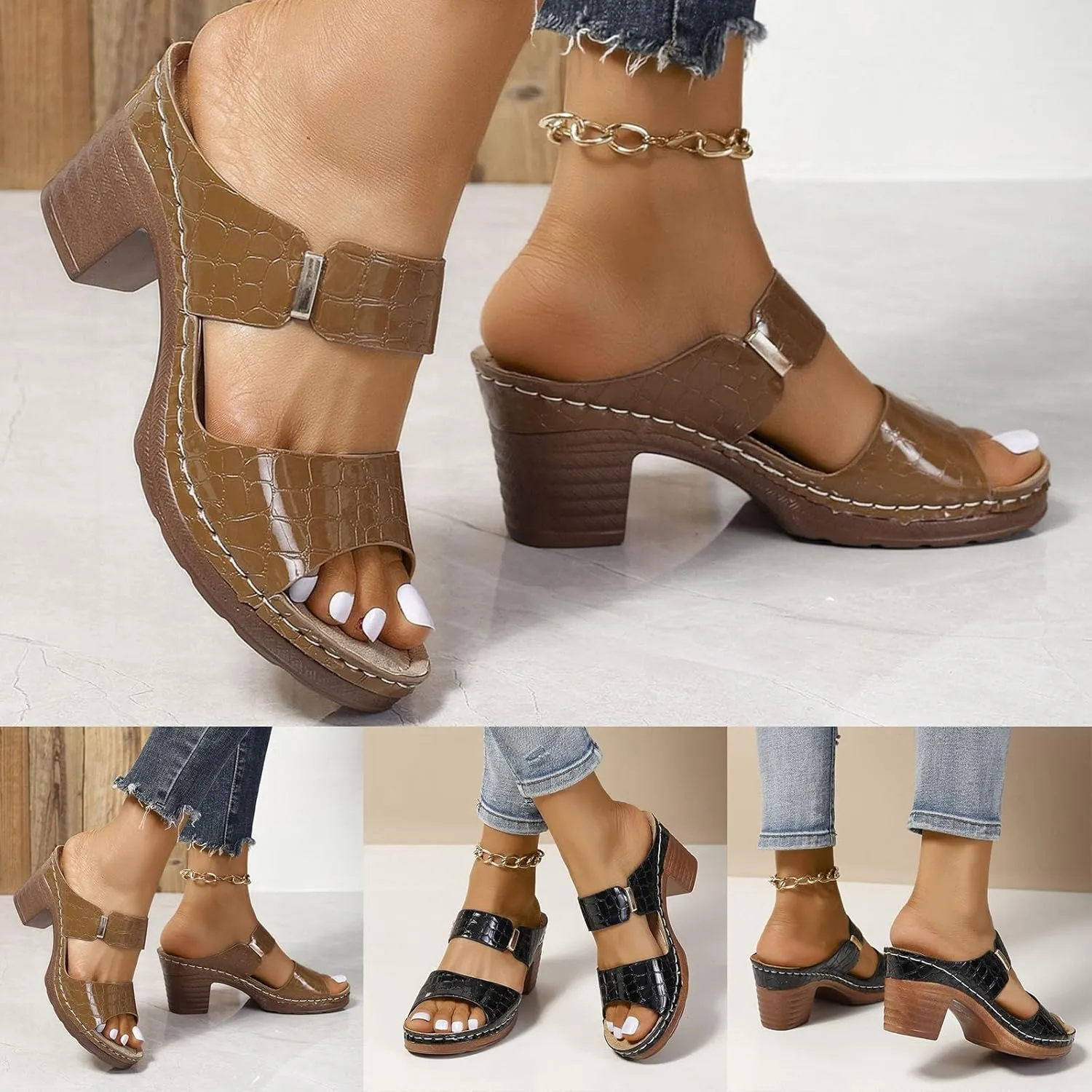 ZSpzx Women's Heeled Sandals Two Strap Open Toe Slip On Block Womens 2025 Comfort Dressy Low Chunky Heels Snakeskin Sandal Comfortable Casual Slippers Summer Backless Mules Slide Walking Shoes